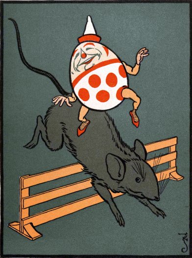 Full Page: Humpty rides a mouse jumping a hurdle