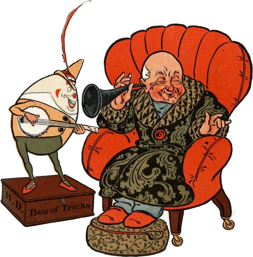 Old man with ear trumpet listens to Humpty singing